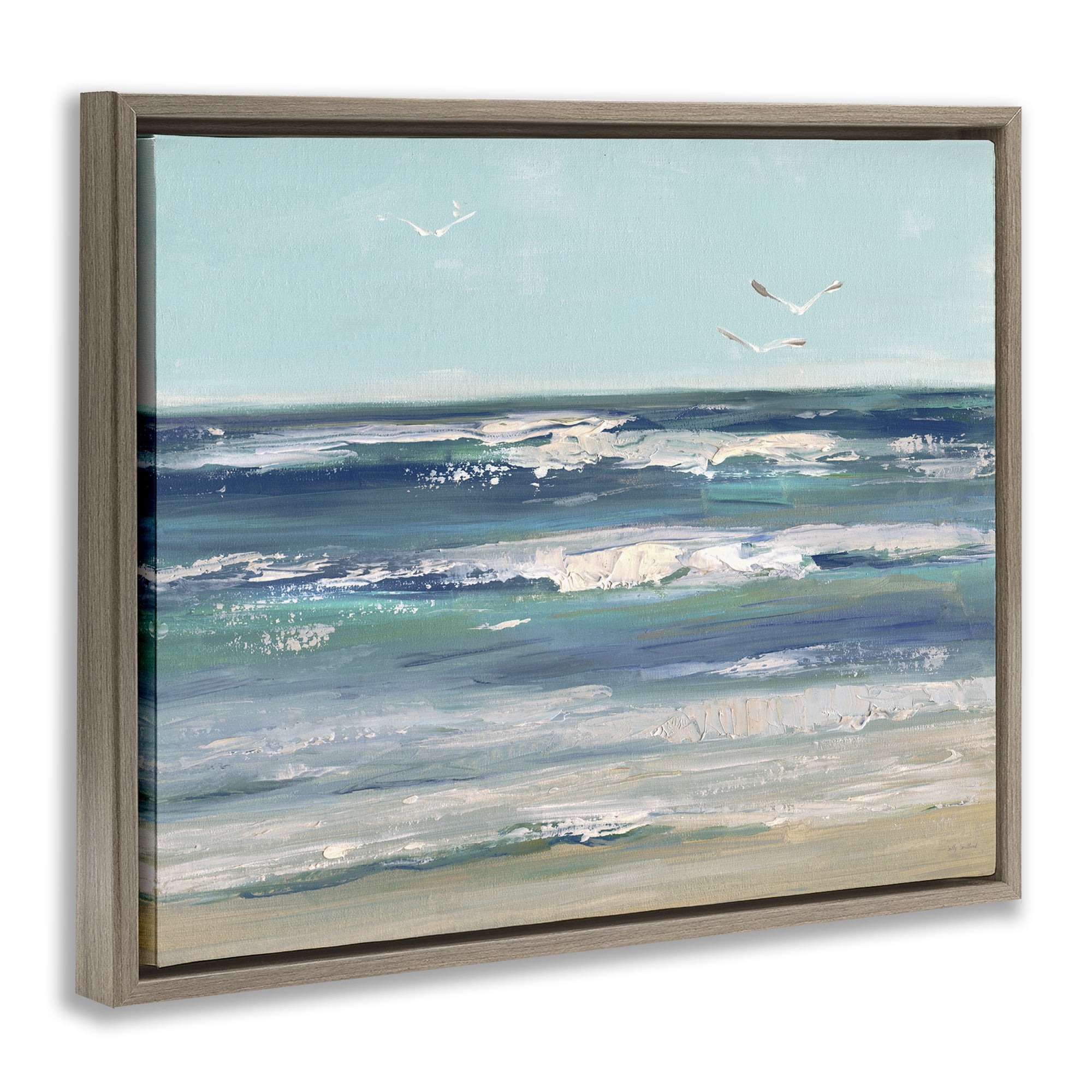 Stupell Industries Seagulls over Rolling Waves Brown Framed Floater Canvas Wall Art, design by Sally Swatland