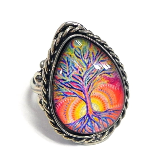 New Age Spiritual Tree of Life Graphic Acrylic Teardrop Cabochon Silver Metal Border Adjustable Ring - Womens Fashion Handmade Jewelry Boho Accessories