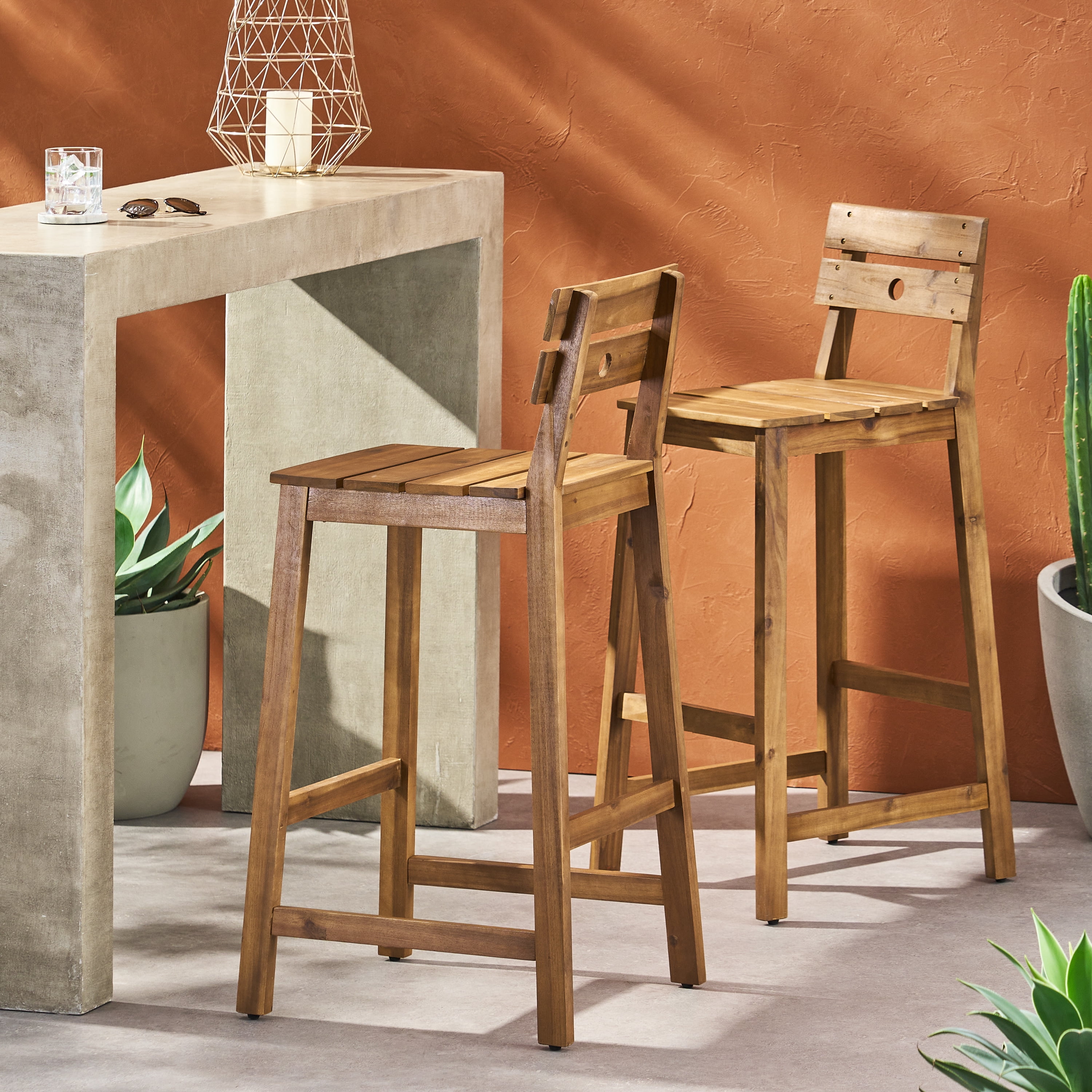 Acacia Wood Bar Stools Rustic Bar Stools Indoor Outdoor Stools,&nbsp;2-Pack Slat Back and Seat Design with H-Frame Legs, for Dining Room and Patio Use, Teak Finish Brown 40.5" High
