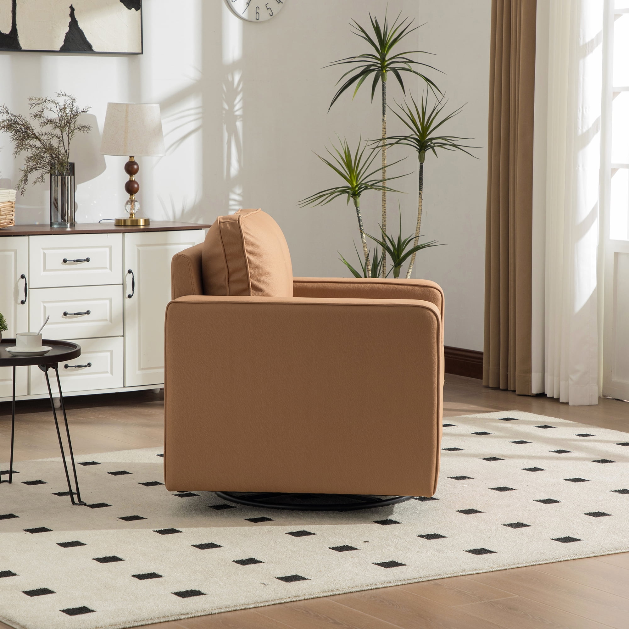 Leumius Swivel Armchair with Hidden Storage,33.6''W Upholstered 360° Accent Chairs with Pillow,Square Club Chair Single Sofa for Living Room,Amber