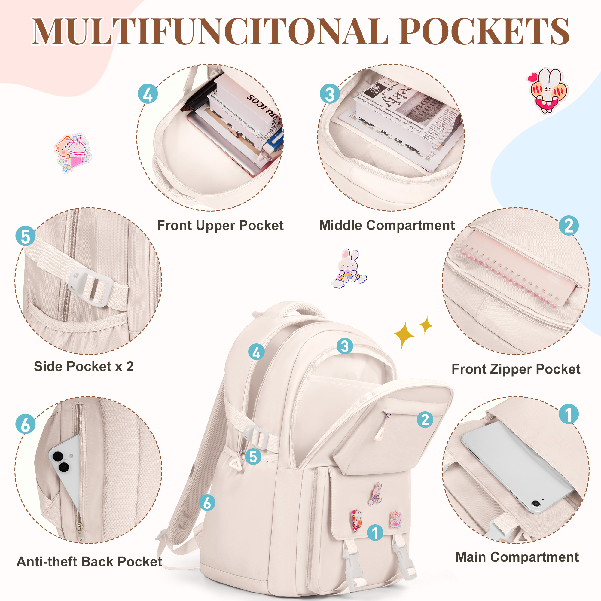 Mochila escolar para niñas, universidad, secundaria, gran capacidad, ligera, impermeable, para adolescentes y estudiantes 3
