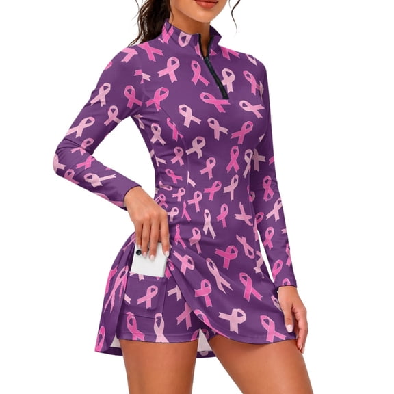 TSOVTHRID Pink Awareness Ribbon Romper Dress, Tennis Dress 2 Piece Sets Athletic Dress Zipper Pockets Quick-dry for Pickleball Golf, Size X-Large