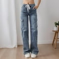thumbnail image 3 of Cargo Jeans for Women Straight Leg High Waisted Drawstring Solid Color Straight Leg Stretch Denim Pants with Pockets Lightweight Casual Trousers, 3 of 5