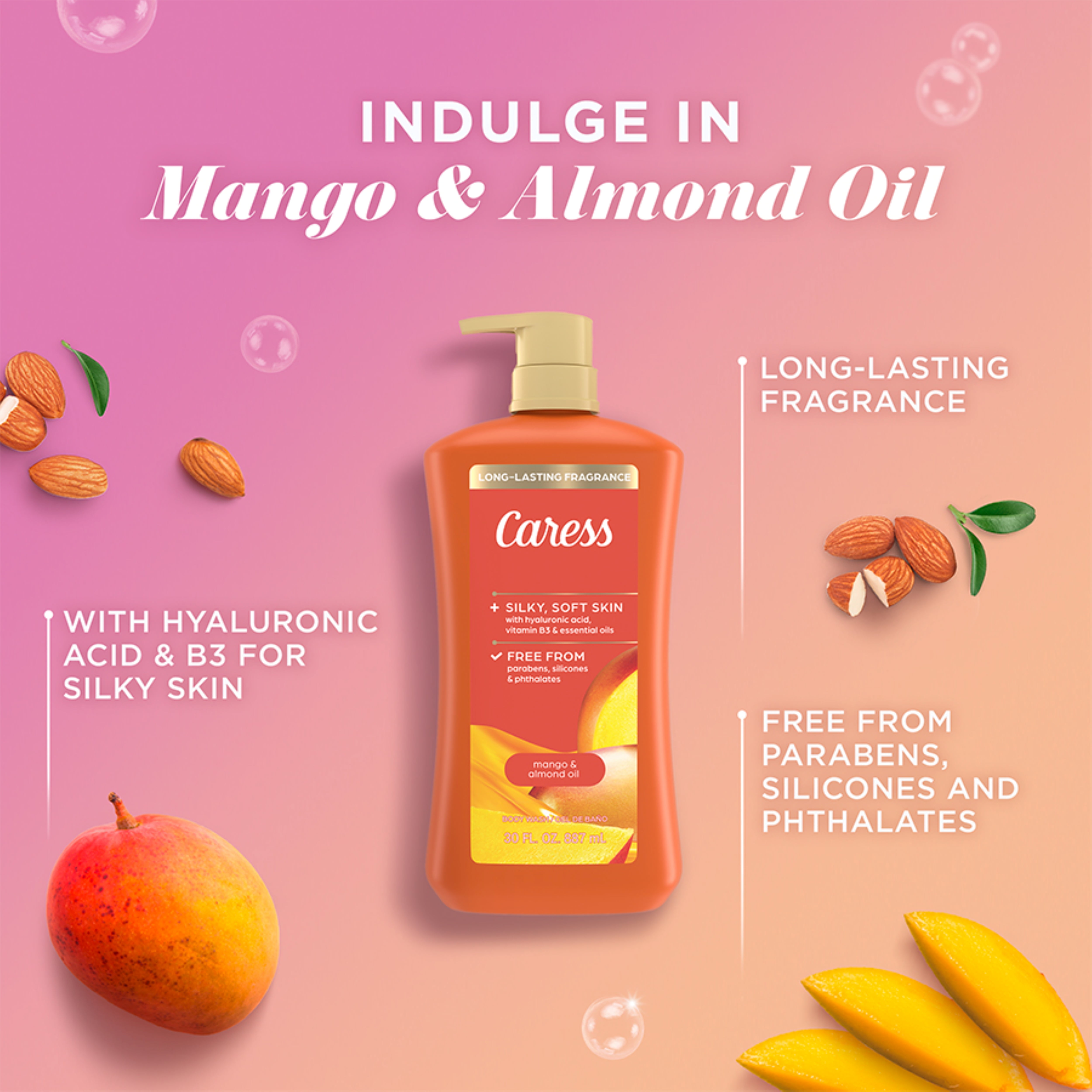 (4 pack) Caress Body Wash for Women, Mango & Almond Oil Shower Gel for All Skin 30 fl oz