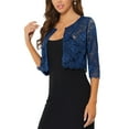 thumbnail image 4 of MODA NOVA Juniors Open Front 3/4 Sleeve Sheer Floral Lace Cropped Shrug Cardigan Navy Blue M, 4 of 5