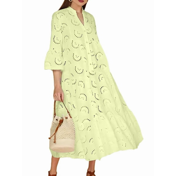 Women'S 2025 Lace Eyelet Embroidery Maxi Dress V-Neck Trumpet Sleeve Boho Flowy Swing Dress Light Yellow XL