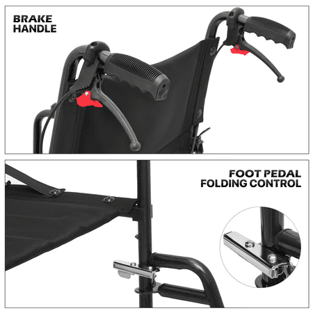 monicare *FDA APPROVED* Lightweight Transport Wheelchair with 16" Seat, Folding Transport Chair with Swing Away Footrests and Flip Back Backrest, Black