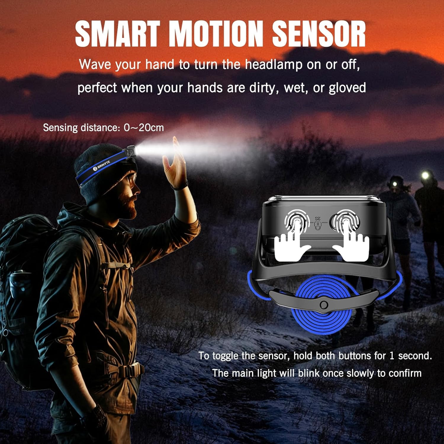 Brinyte HC01S Motion Sensor Headlamp, 1000 Lumen Flashlight Rechargeable LED Headlight with White & Red Light, Dual Power USB-C Hands-Free Light for Outdoor, Camping, Hiking, Hard Hat Use