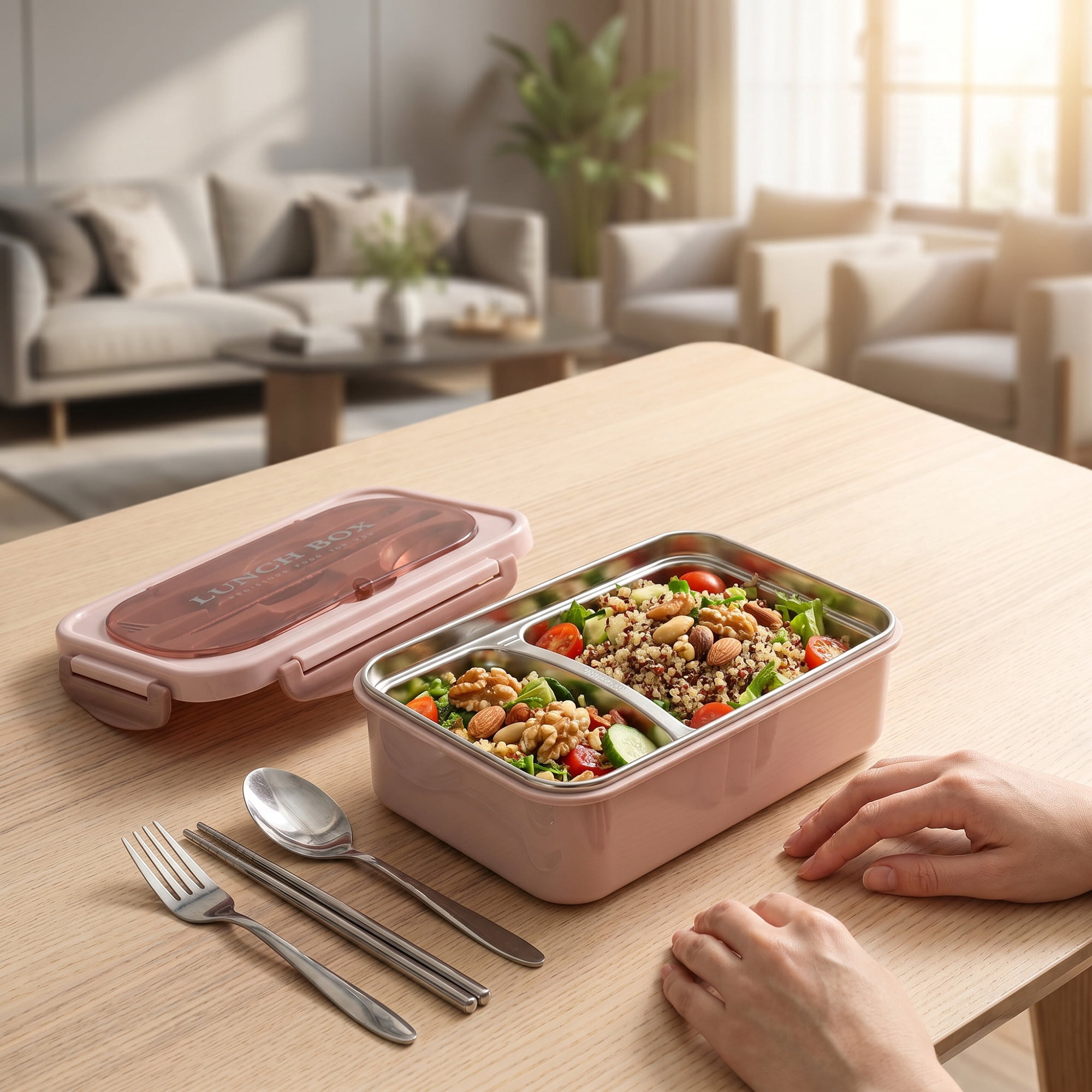 Unique Bargains 3-Compartment Leak-Proof  Lunch Bento Box with Utensils Sakura Pink