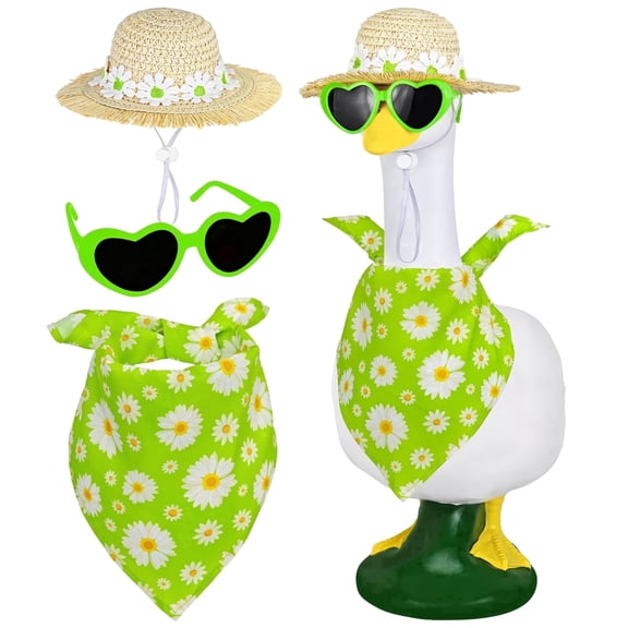3 Pcs Seasonal Goose Statue Outfit Set Daisy Flower Hat Floral Scarf & Sunglasses for 17–23 Inch Lawn Goose Yard Porch Garden Decor Accessories, Green