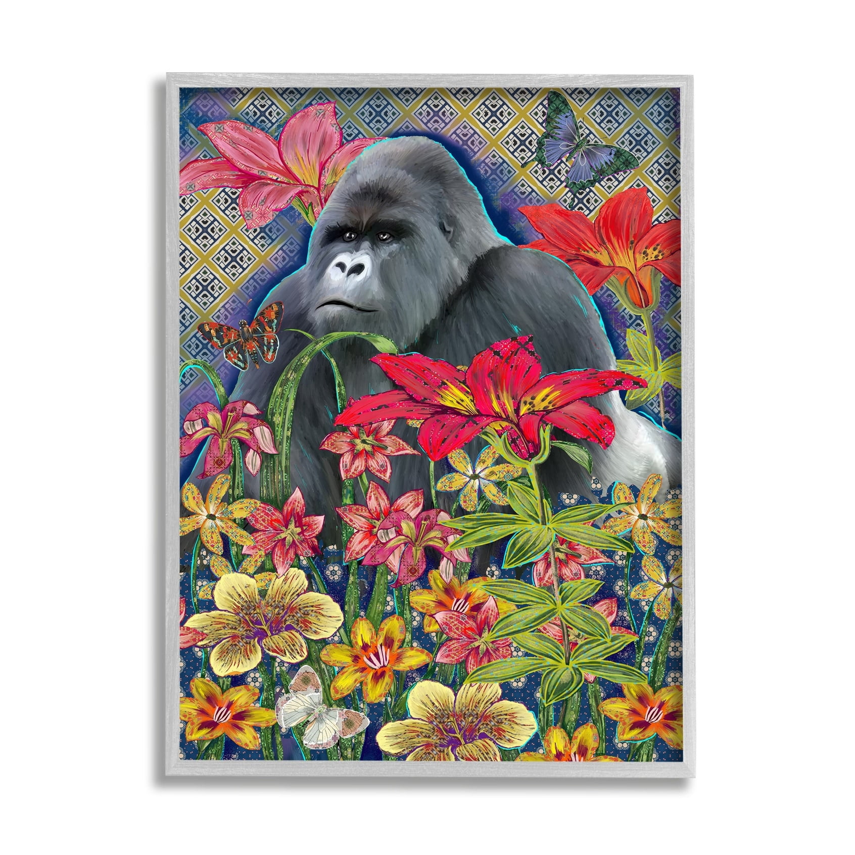 Stupell Industries Gorilla Standing Behind Tropical Florals Geometric Pattern Black Framed, 11 x 14, Design by Sangita Bachelet