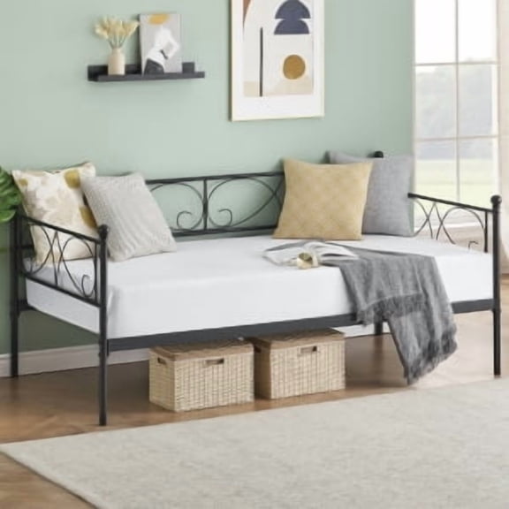 Rugerasy Twin Size Daybed with Trundle Bed,Metal Day Bed with Floral Headboard,Modern Metal Sofe Bed Frame with Pull-Out Trundle,Heavy Duty Steel Slats Supports,for Living Room,Guest Room,Black suit