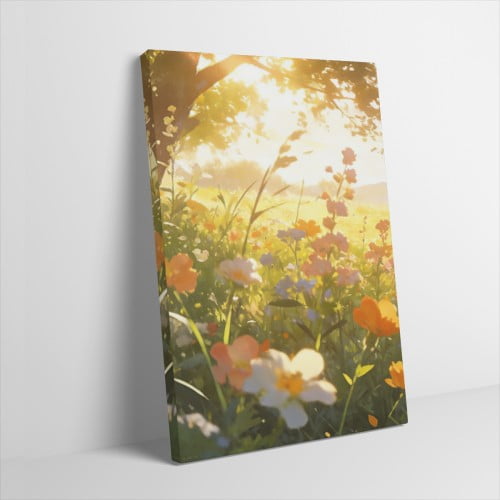Hidden Frame Canvas Wall Art - Warm-Lit Spring Flower Field Decor Healing Fresh-Style Popular Wall Decor for Living Room 16x24in