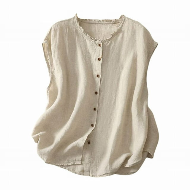 Débardeur Uni pour Femme, Chemise Sans Manches Oversize à Boutons, Blouse Décontractée à Encolure Plissée, Haut d'Été Coupe Ample à Col Rond, Débardeur d'Été Oversize, Haut à Encolure Plissée Beige TG