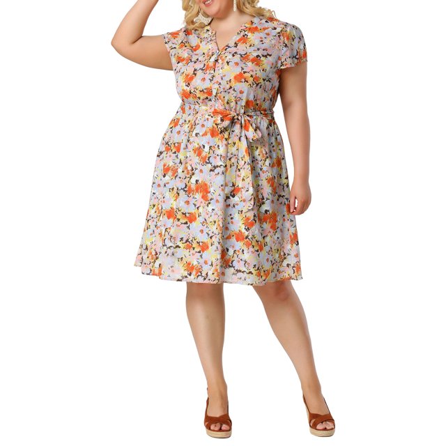 GRACE & GRANDEUR Robe d'Été pour Femme Grande Taille Manches Courtes Col en V Robe Midi à Fleurs 3X Indigo Clair