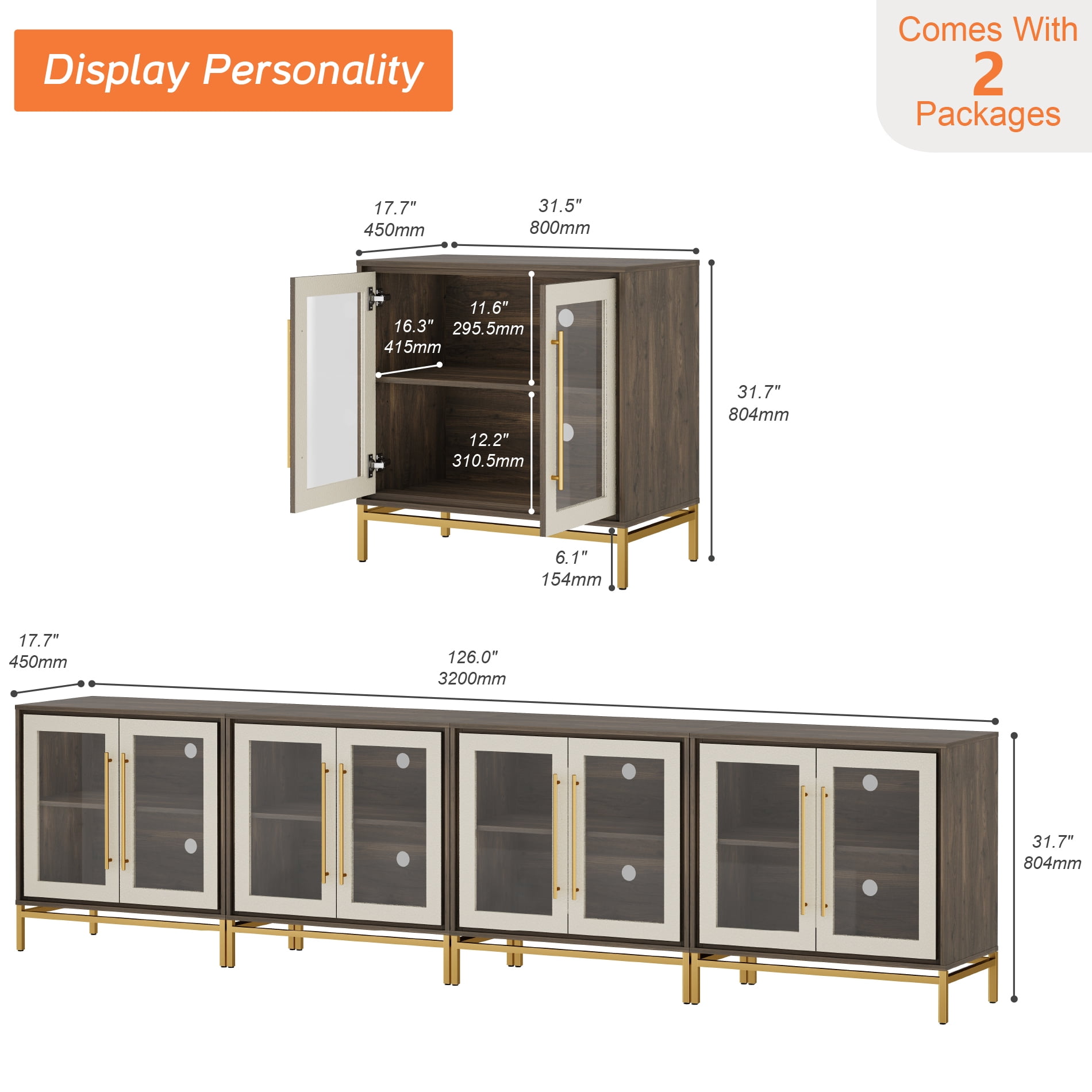 126" Modern Glass Leather-Textured Door TV Stand for TVs ups to 100"