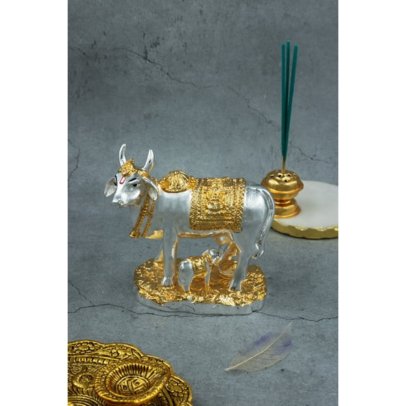 Kamadhenu Cow Feeding Her Calf Idol in Gold & Silver - 4 Inches