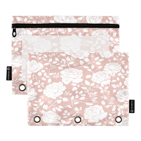 2 Pack 3 Ring Binder Pouch with Clear PVC Window Water Resistant Zipper Pencil Pouch Dusty Pink Rose Print Binder Pocket for Classroom Office Home Stationery Organization