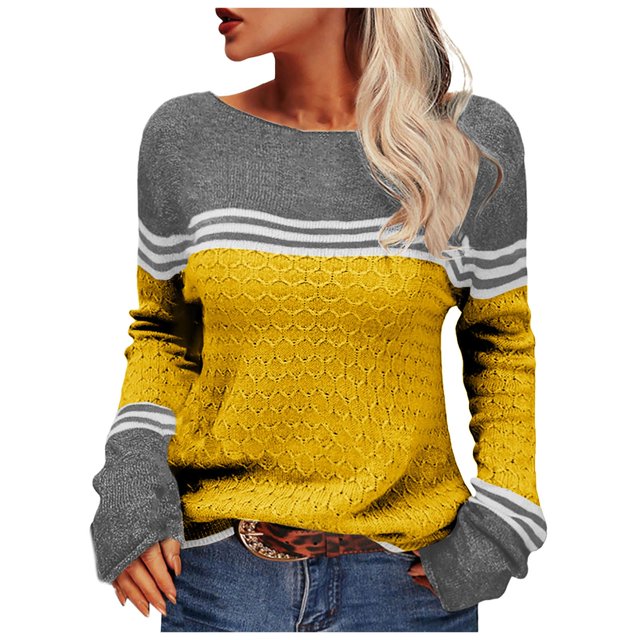 PEASKJP Women Autumn Winter Colorblock Pullover Sweaters Round Neck Striped Slim Fitting Knitwear Tops(Yellow,XXL)