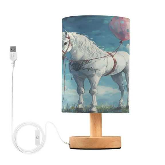 WOBOGO A White Horse Bedroom Table Lamp USB Power Connector Wooden Base Round Linen Shade For Living Room Desk