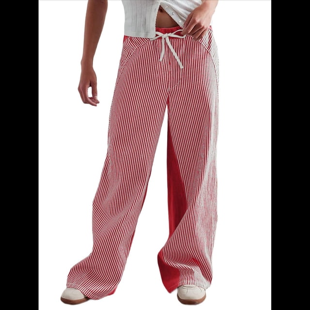 Pantalones de Rayas de Tiro Bajo para Mujer, Estilo Bohemio, con Cordón Ajustable y Pernera . Rojo M