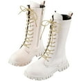 thumbnail image 2 of BOBOGOJP Girls Mid Calf Combat Boots Leather Lace up Boots Riding Winter Boots Toddler/Little/Big Kid White for Size 3.5, 2 of 7