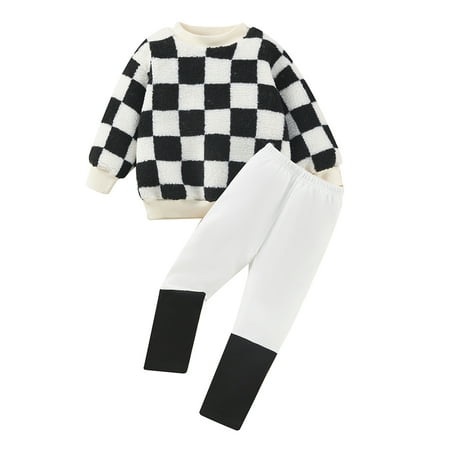 

Afunbaby Kids Little Boys Autumn Outfits Long Sleeve Checkerboard Pullover + Contrast Color Pants Clothes Sets Black White 1-2 Years