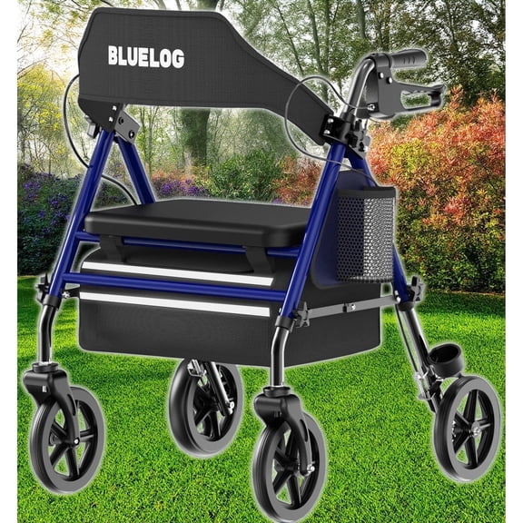Bluelog Rolling Walker, Adjustable Seat & Handle Heights, Extra-Wide Memory Foam Seat, 4-Wheel Rollator with 350 lb Limit