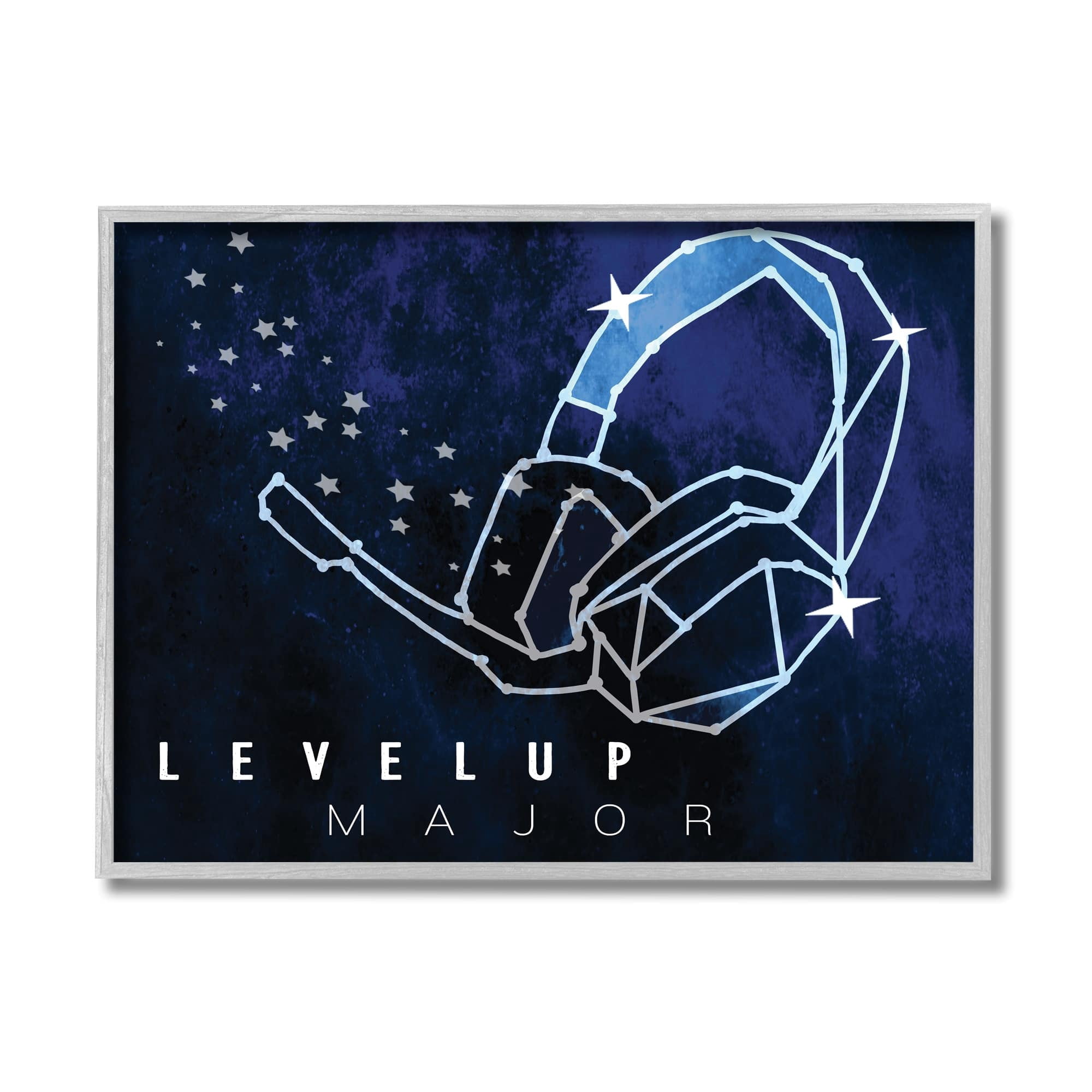 Stupell Industries Level Up Major Gaming Quote Space Stars Headset Graphic Art Gray Framed Art Print Wall Art, 16x20, by Daphne Polselli