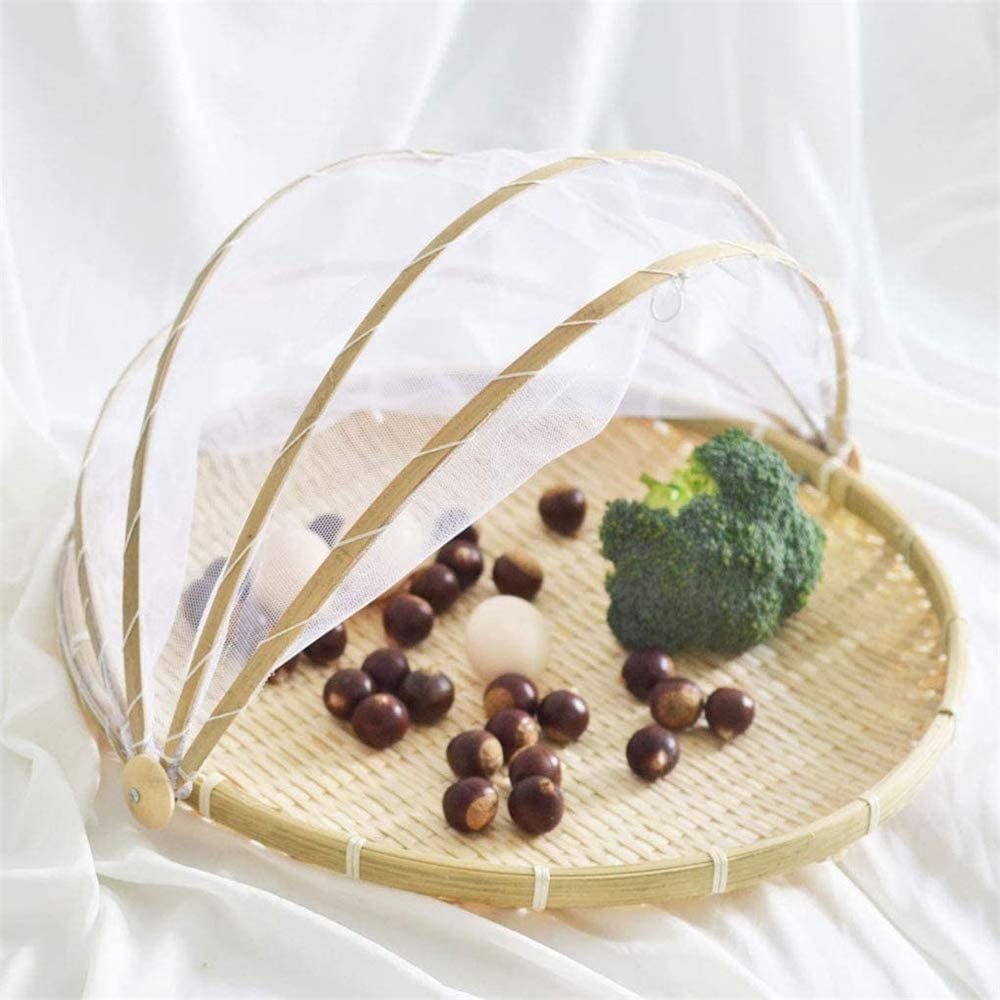 Mesase 3-Piece Bamboo Food Serving Basket Set with Mesh Covers - Hand-Woven Insect-Proof Trays for Fruit, Veg, Bread & Drying (S/M/L) - Also Available Individually