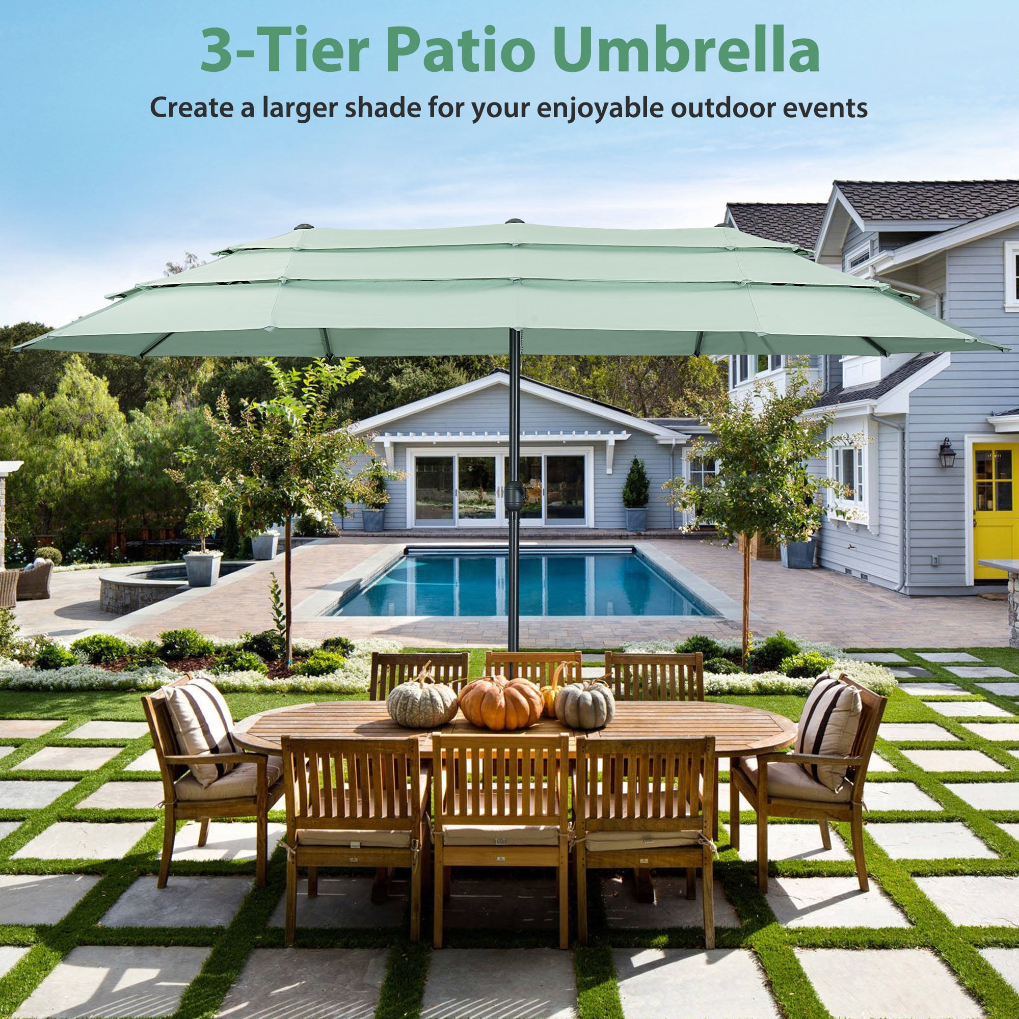 Autlaycil 15ft Patio Umbrella with 3-Tiers Umbrella Top, Airflow Smooth and Stable, Lock Bolt and Crank,Mint Green