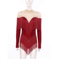thumbnail image 3 of Rswnyirn Women Tassel Latin Dance Leotard Long Sleeve Shiny Fringe Tango Salsa Cha-Cha Bodysuit Burgundy XXL, 3 of 6