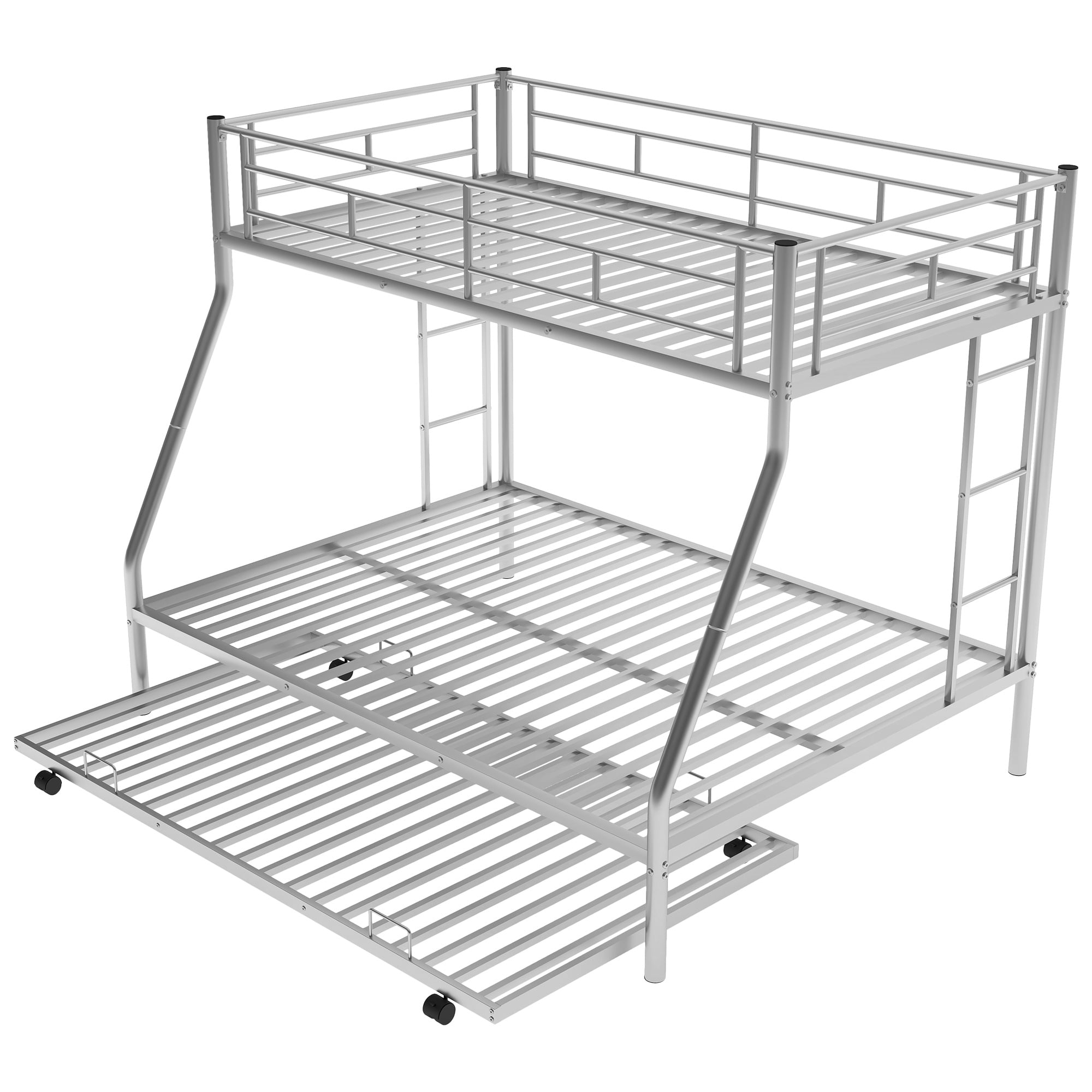 PORKISS Metal Twin Over Full Bunk Beds with Trundle Bed, Bunk Beds for Kids Teens Adults with Ladders, No Box Spring Needed, Silver