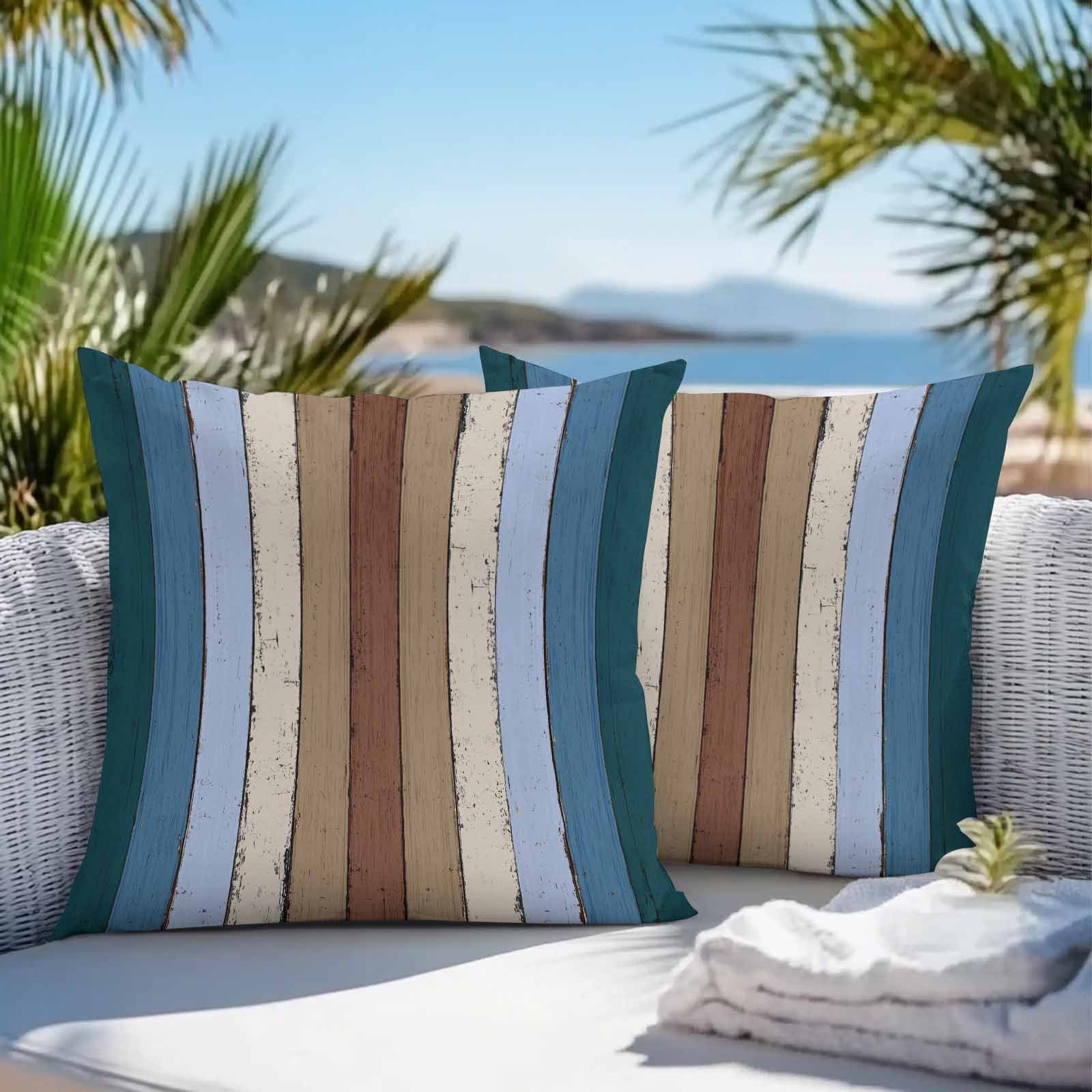 Outdoor Waterproof Throw Pillow Covers Set of 2 Blue Brown Wood Grain Decorative Pillowcases Outdoor Pillows Cushion Case 16x16 Inch Rustic Wooden Plank Patio Pillows for Couch Sofa Bed Garden