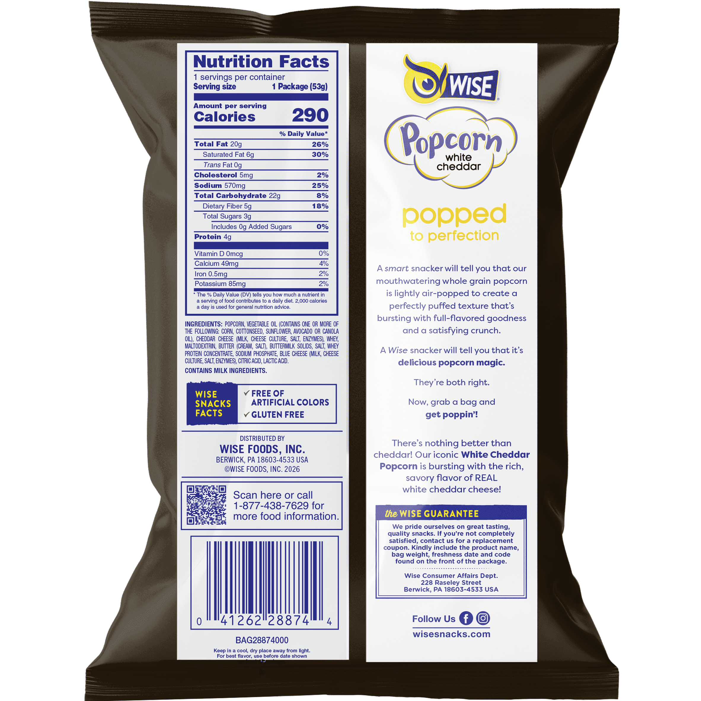 Wise Snacks White Cheddar Popcorn, 0.625 Ounce (42 count), Air Popped Individual Snack Size Bags Healthy Popcorn Snacks, School and Halloween Snacks for Kids, Gluten Free