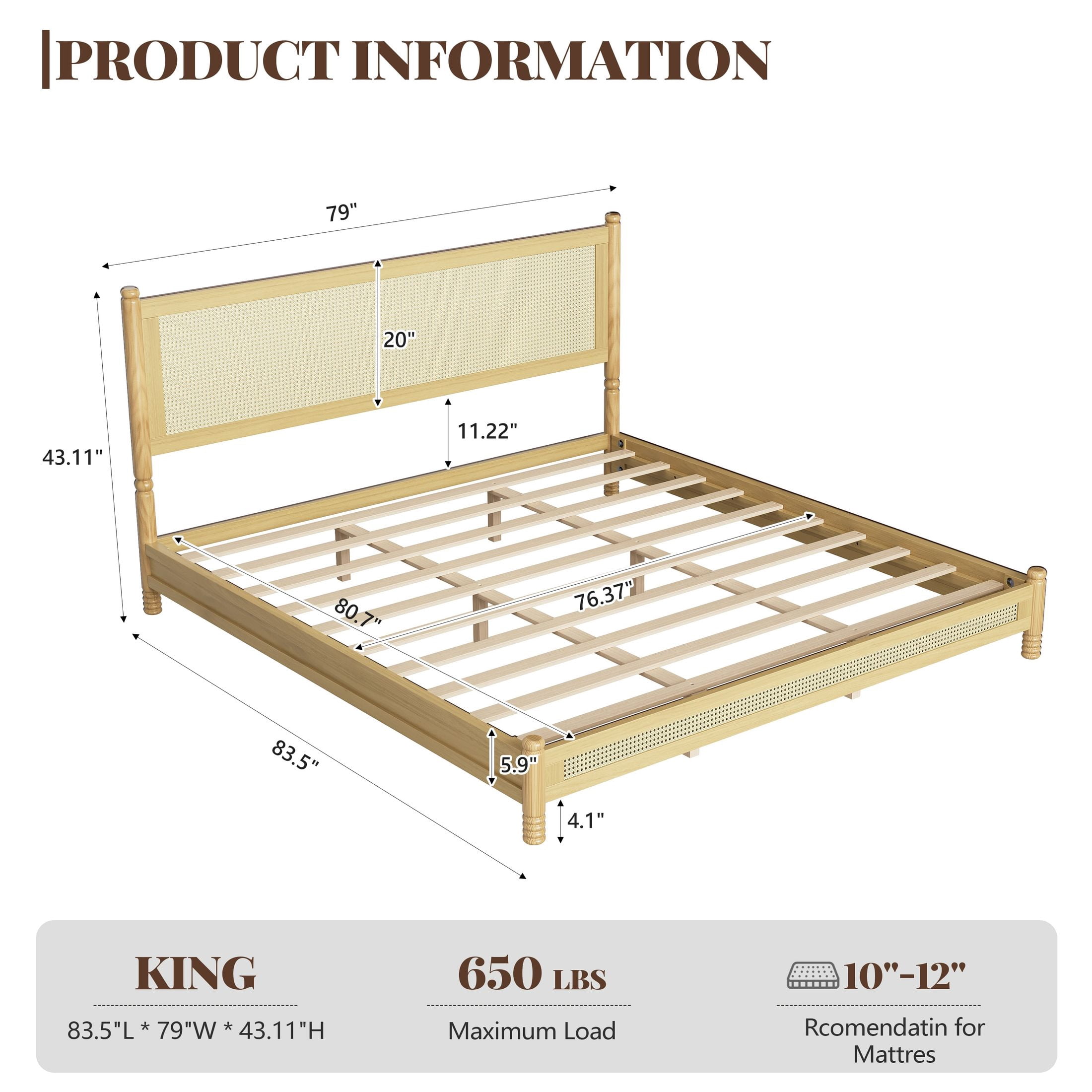 GDF Studio Annes King Size Boho Rattan Platform Bed Frame with Turned Legs, Woven Cane Pine Wood Bed Frame, Natural