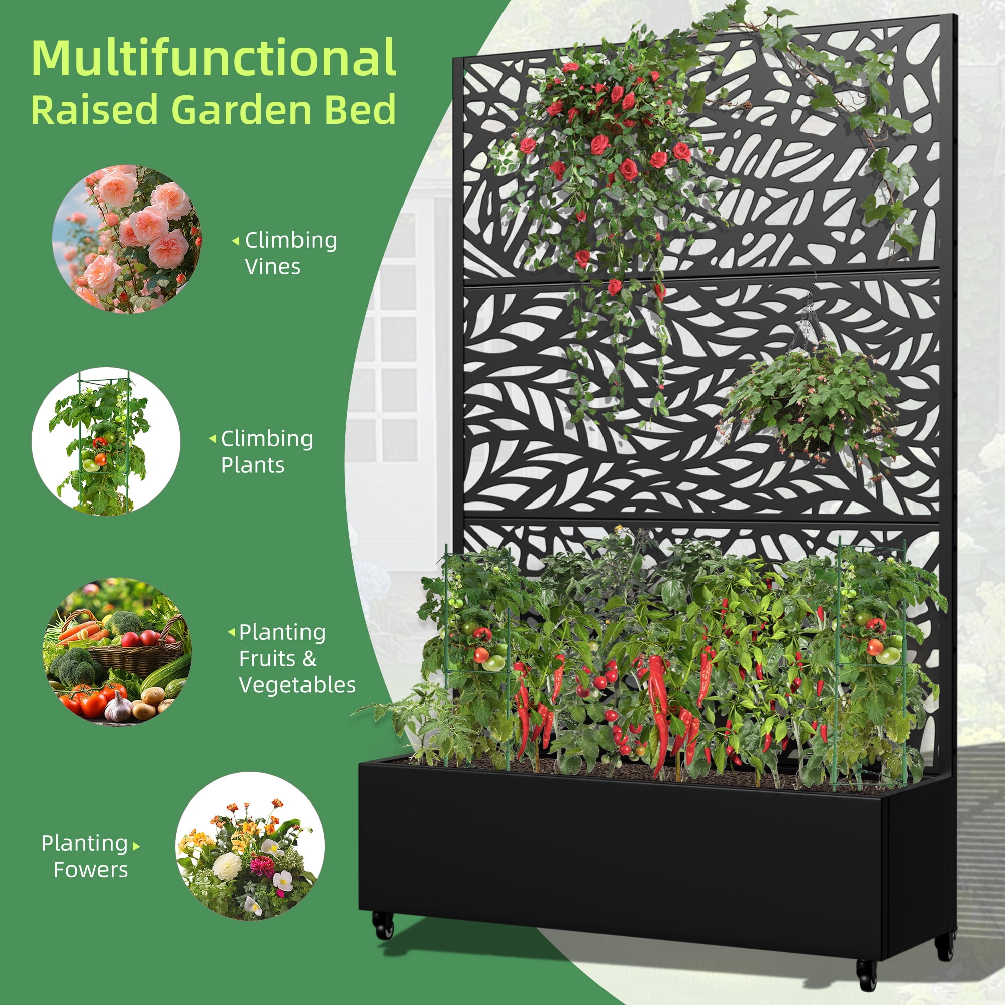 MAYEERTY 47*16*72" Outdoor Black Metal Planter Box with Trellis for Climbing Plants, Leafy & Vine Pattern Panel