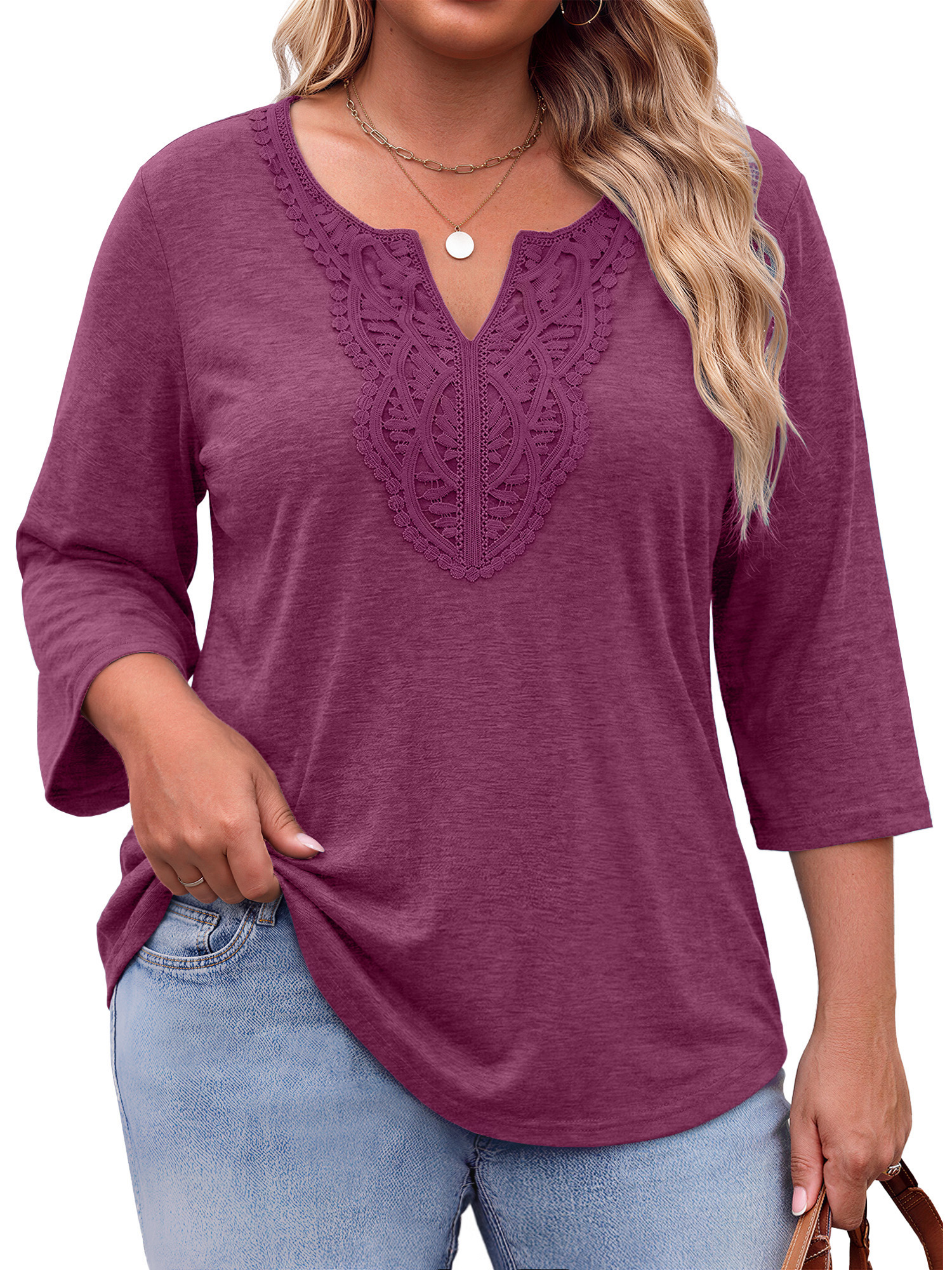 Fantaslook 3/4 Sleeve Womens Plus Size Tops V Neck Lace Blouses Casual Tunic Shirts L-5XL