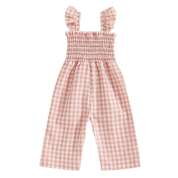 CQONEPT Girls' Plaid Overalls Elastic Waist Lounge Loose Sleeveless Jumpsuit Wide Leg Summer Beach Fashion Rompers Pink 3 Years