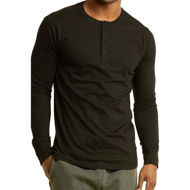 SLM Mens Cotton Thermal Tops Waffle Knit or Plain Henley Shirts -Small-Basic Black
