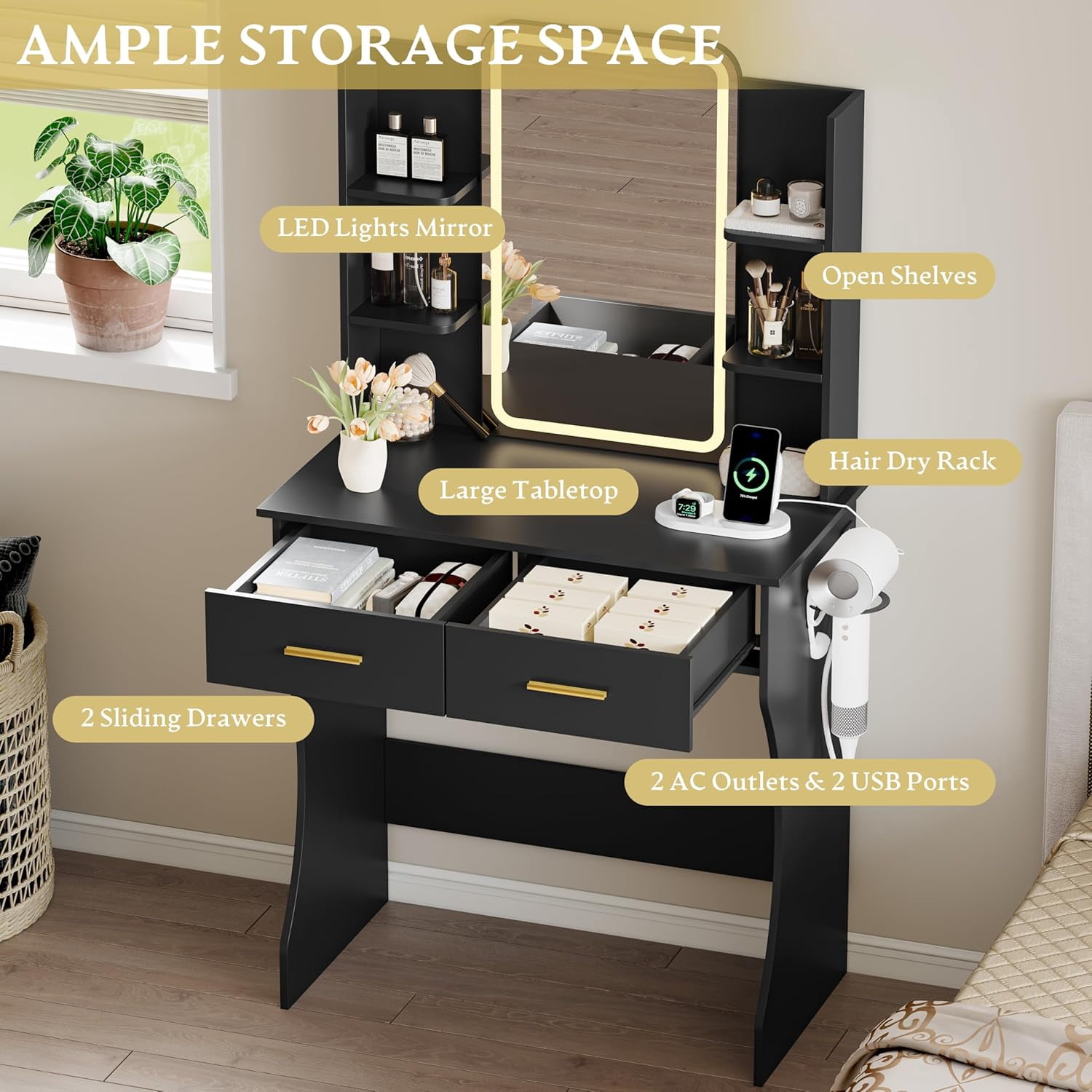 FANRAL Vanity Desk with LED Lighted Mirror and Power Outlet,Makeup Vanity Table with Storage Drawers,3 Lighting Modes and Adjustable Brightness,Dressing Table for Bedroom,Black Vanity