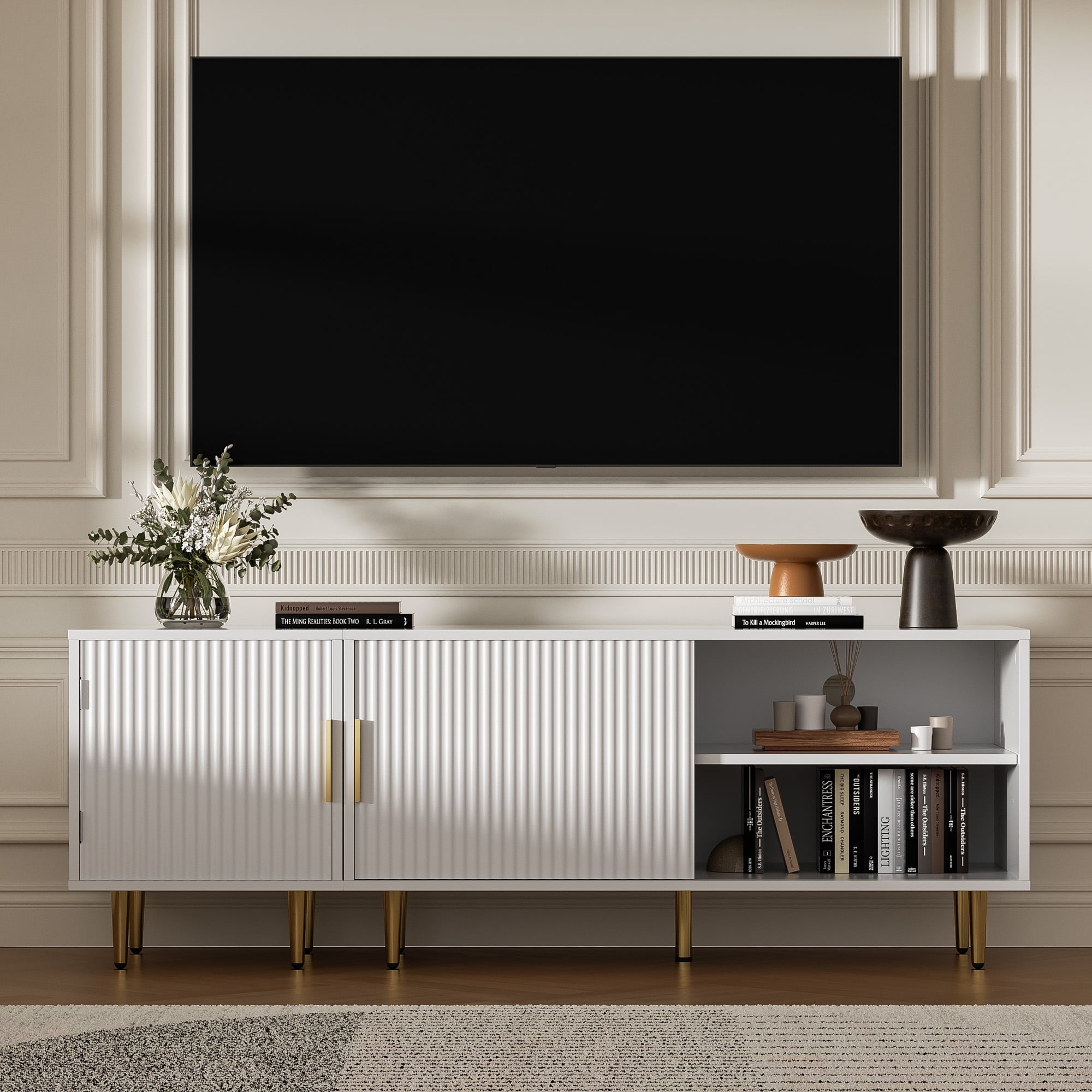 Combined Modern TV Stand For 55/60/65Inch TV,Small Entertainment Center With Adjustable Shelf,TV Media Stand With Storage Cabinet, TV Console With Gold Legs For Living Room,Bedroom,White
