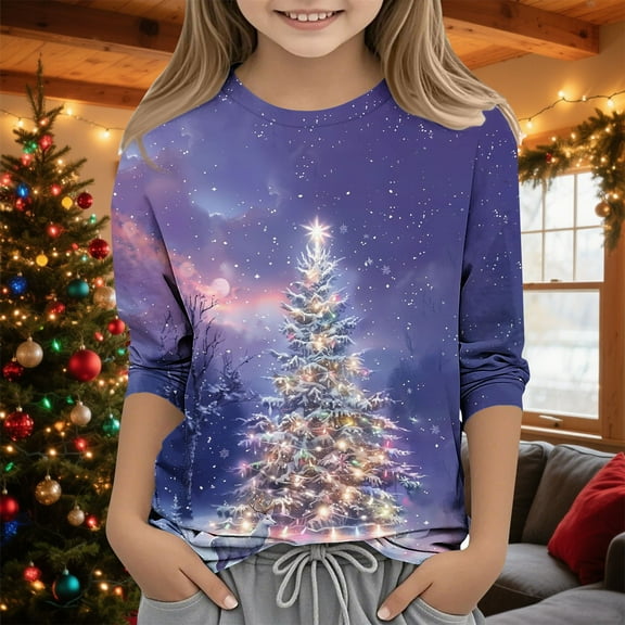 MKOSPLRT Ugly Christmas Shirts Girls Boys 3/4 Sleeve Crew Neck Xmas Tree T Shirts Cute Holiday Graphic Tess 3-12 Years