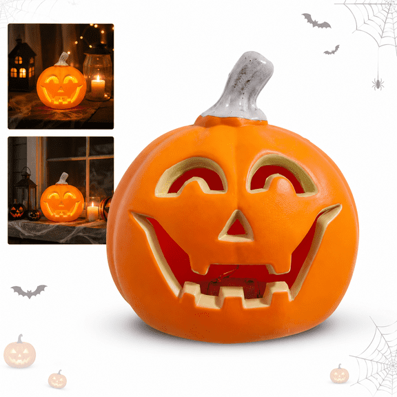 Halloween Pumpkin Lantern with LED Light, 5.31inch Orange Plastic Tabletop Decor for Window, Shelf, Party and Covered Porch Display