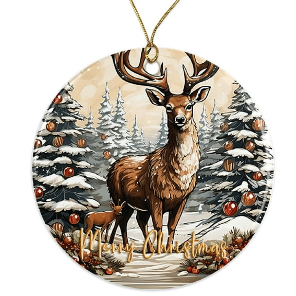 Christmas Deer Ornament - Reindeer Family - Winter Scene - Holiday Decor - Festive Watercolor Art - Christmas Tree Ornament Gift Ceramic Ornament - 3 Inch Christmas Tree Round Ornament ORNW0269