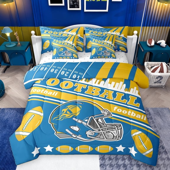 Feelyou Modern Rugby Helmet Twin Bedding Sets 7-Piece for Kids, Stripes Blue Gold Bedding Comforter Set, Eat Sleep Sports Reversible Sheet Sets, Luxury Bedroom Decor