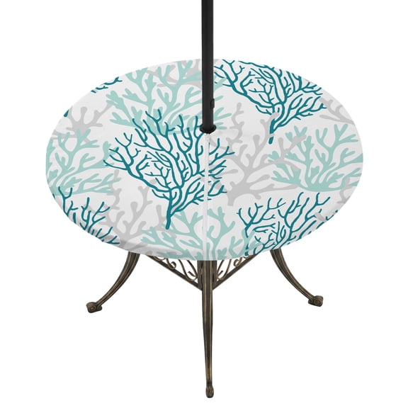 Outdoor Tablecloth with Umbrella Hole and Zipper Turquoise Grey Ocean Coral Round Fitted Table Cover with Elastic Waterproof Summer Marine Life Patio Tablecloths for Picnic BBQS Garden Fit 55"-60"