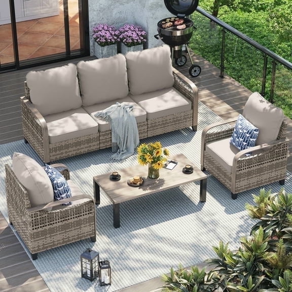 Poteban Outdoor Patio All Weather Wicker Furniture Sets,with Coffee Table, Conversation Sets and Ottoman,for Pool, Backyard, Garden, 4 Pieces
