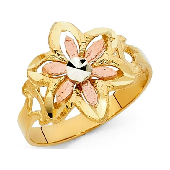 14k Yellow White Rose Gold Flower Ring Fancy Foral Band Diamond Cut Polished Tri Color 15MM, Size 7