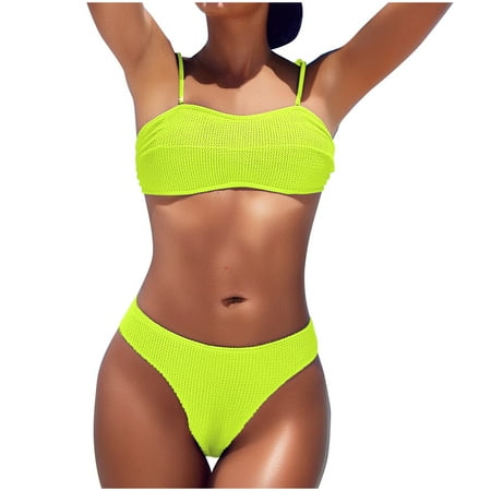 Ashirexll Swim Suits for Women 2025  Bathing Suit for Women High Waist Tight Fitting Split Set Bikini Swimsuit Yellow S